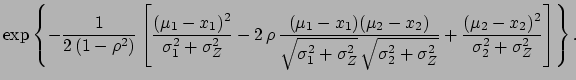 $\displaystyle \frac{1}
{2\,\pi\,\sqrt{\sigma_1^2+\sigma_Z^2}
\,\sqrt{\sigma_2^2+\sigma_Z^2}\,\sqrt{1-\rho^2}
}$