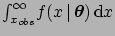 $\int_{x_{obs}}^\infty\!f(x\,\vert\,{\mbox{\boldmath$\theta$}})\,\mbox{d}x$