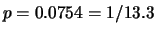 $ p=0.0754=1/13.3$