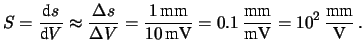 $\displaystyle S = \frac{\mbox{d}s}{\mbox{d}V} \approx \frac{\Delta s}{\Delta V}...
...mV}} = 0.1\, \frac{\mbox{mm}}{\mbox{mV}} = 10^2\, \frac{\mbox{mm}}{\mbox{V}}\,.$