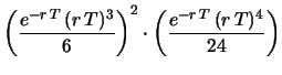 $\displaystyle \left(e^{-r\,T}\right)^{56}\cdot
\left(e^{-r\,T}\,(r\,T)\right)^{32}\cdot
\left(\frac{e^{-r\,T}\,(r\,T)^2}{2}\right)^{9} \cdot$