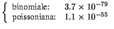 $\displaystyle \left\{\begin{array}{ll} \mbox{binomiale:} & 3.7\times 10^{-79} \\
\mbox{poissoniana:} & 1.1\times 10^{-55}
\end{array}\right.$