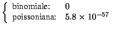 $\displaystyle \left\{\begin{array}{ll} \mbox{binomiale:} & 0 \\
\mbox{poissoniana:} & 5.8\times 10^{-57}
\end{array}\right.$