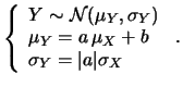 $\displaystyle \frac{1}{\sqrt{2\,\pi}\vert a\vert\sigma}
\exp\left[-\frac{y-(a\mu_X+b))^2}{2\,a^2\,\sigma_X^2}\right]\,,$