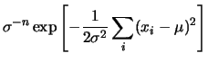 $\displaystyle \prod_i \frac{1}{\sigma}
\exp{\left[-\frac{(x_i-\mu)^2}{2\sigma^2}\right]}$