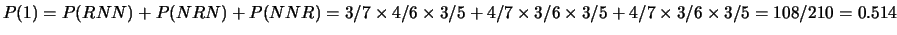 $ P(0) = 4/7 \times 3/6 \times 2/5 = 24/210 =0.114$