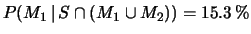 $ P(M_1\,\vert\, S)/P(M_2\,\vert\, S) = 0.18$