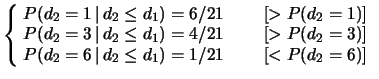$\displaystyle \left\{\! \begin{array}{l}
P(d_2=1\,\vert\,d_2\le d_1) = 6/21 \hs...
..._2=6\,\vert\,d_2\le d_1) = 1/21 \hspace{0.87 cm}[< P(d_2=6)]
\end{array}\right.$