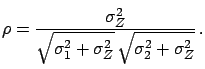 $\displaystyle \exp{
\left\{
-\frac{1}{2\,(1-\rho^2)}
\left[ \frac{(\mu_1-x_1)^2...
...sigma_Z^2}}
+\frac{(\mu_2-x_2)^2}
{\sigma_2^2+\sigma_Z^2}
\right]
\right\}
}\,.$