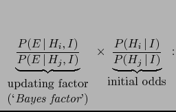 $\displaystyle \underbrace{\frac{P(E\,\vert\,H_i,I)}{P(E\,\vert\,H_j,I)}
}_{\beg...
...\underbrace{\frac{P(H_i\,\vert\,I)}{P(H_j\,\vert\,I)}}_{\mbox{initial odds}}\,:$