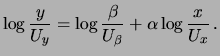 $\displaystyle \log \frac{y}{U_y} = \log \frac{\beta}{U_\beta} +
\alpha\log \frac{x}{U_x} \, .$