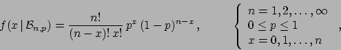 \begin{displaymath}
f(x\,\vert\,{\cal B}_{n,p}) =
\frac{n!}{(n-x)!\,x!}\, p^x\, ...
...
0 \le p \le 1 \\
x = 0, 1, \ldots, n \end{array}\right.\,,
\end{displaymath}