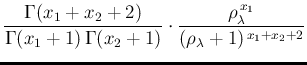 $\displaystyle \frac{\Gamma(x_1+x_2+2)}{\Gamma(x_1+1)\,\Gamma(x_2+1)}\cdot
\frac{\rho_\lambda^{\,x_1}}{(\rho_\lambda+1)^{\,x_1+x_2+2}}$