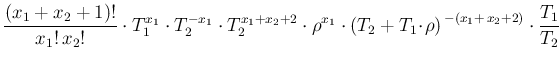 $\displaystyle \frac{(x_1+x_2+1)!}{x_1!\,x_2!} \cdot
T_1^{x_1}\cdot T_2^{-x_1}\c...
...\left(T_2 + T_1\!\cdot\! \rho\right)^{\,-(x_1+\,x_2+2)}\cdot
\frac{T_1}{T_2} \,$