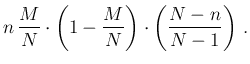 $\displaystyle n\,\frac{M}{N}\cdot\left(1 - \frac{M}{N}\right)
\cdot \left(\frac{N-n}{N-1}\right)\,.$