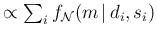 $\propto \sum _i f_{\cal N}(m\,\vert\,d_i,s_i)$