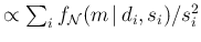 $\propto \sum _i f_{\cal N}(m\,\vert\,d_i,s_i)/s_i^2$