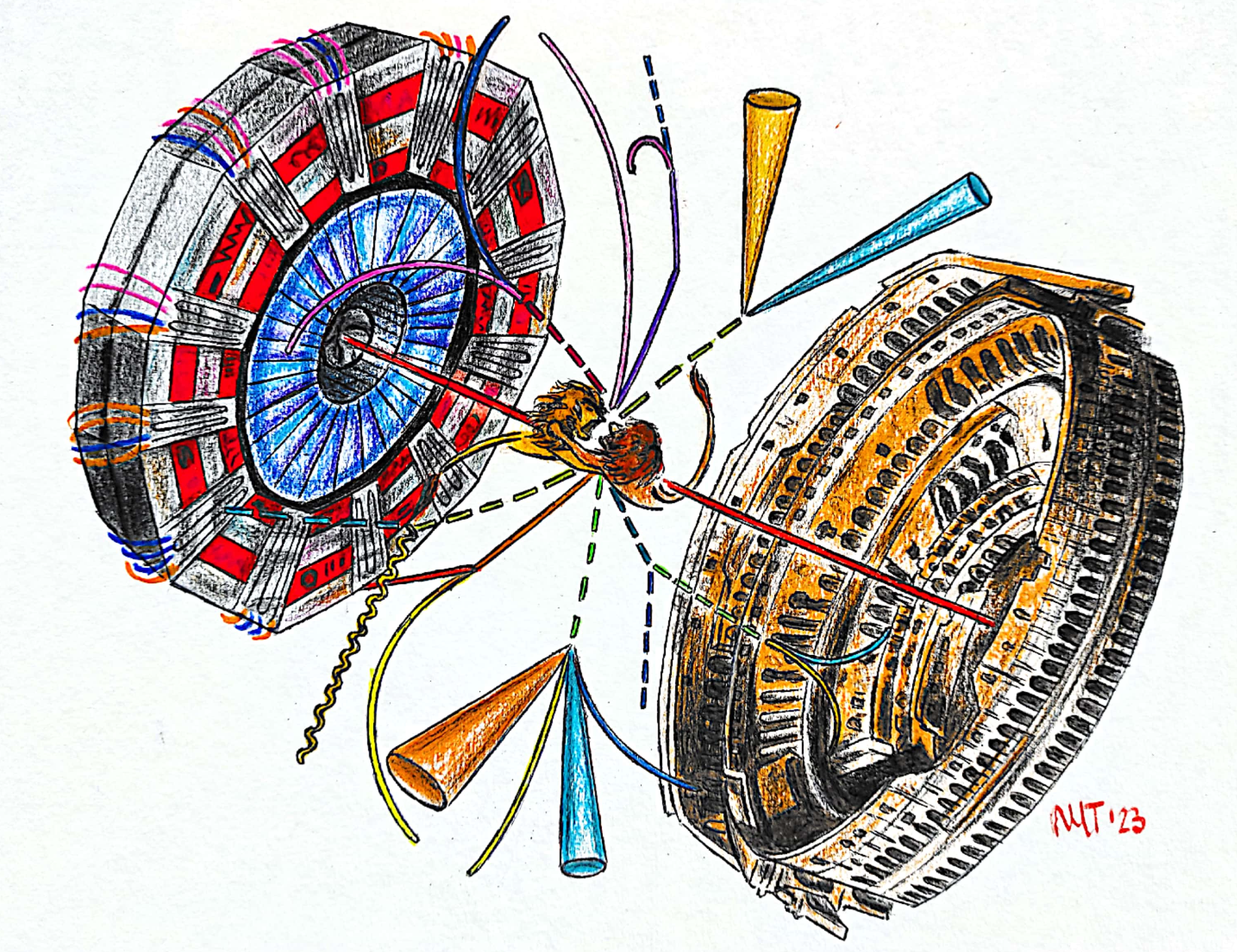 Illustration of a particle collision inside detector elements